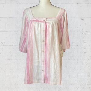 NWT Caffe Marrakesh Pink Stripe Linen Blend Tunic Blouse Size 1X